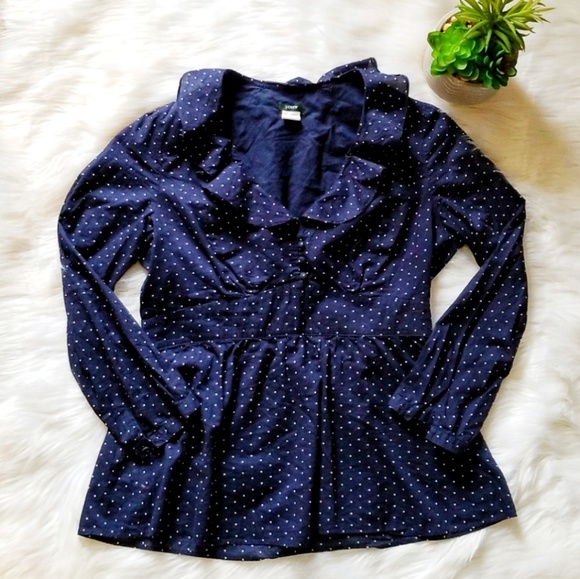 J. Crew Tops - J. Crew Navy Blue Ruffle Polka Dot Cotton Blouse